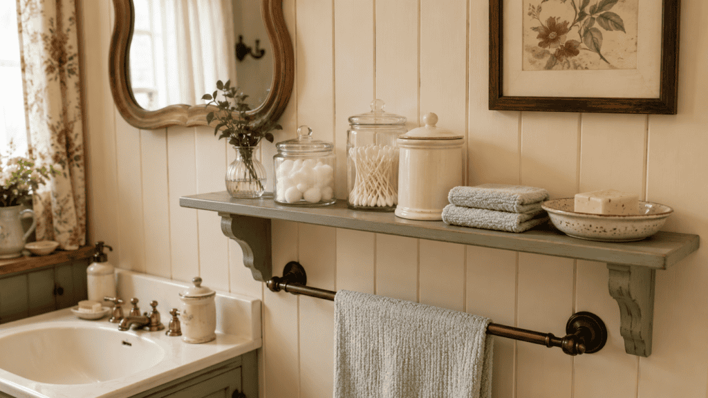 A soft woven basket keeps clean towels within easy reach while adding warm texture and gentle cottage color.