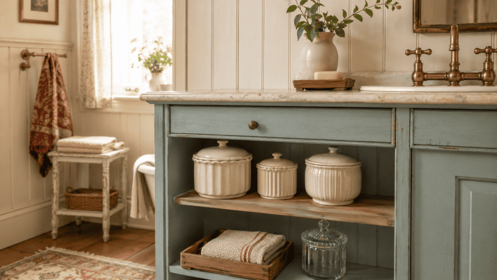 Cozy cottage bathroom storage with cream ceramic canisters, a folded striped washcloth, a glass jar, and a painted sage vanity.