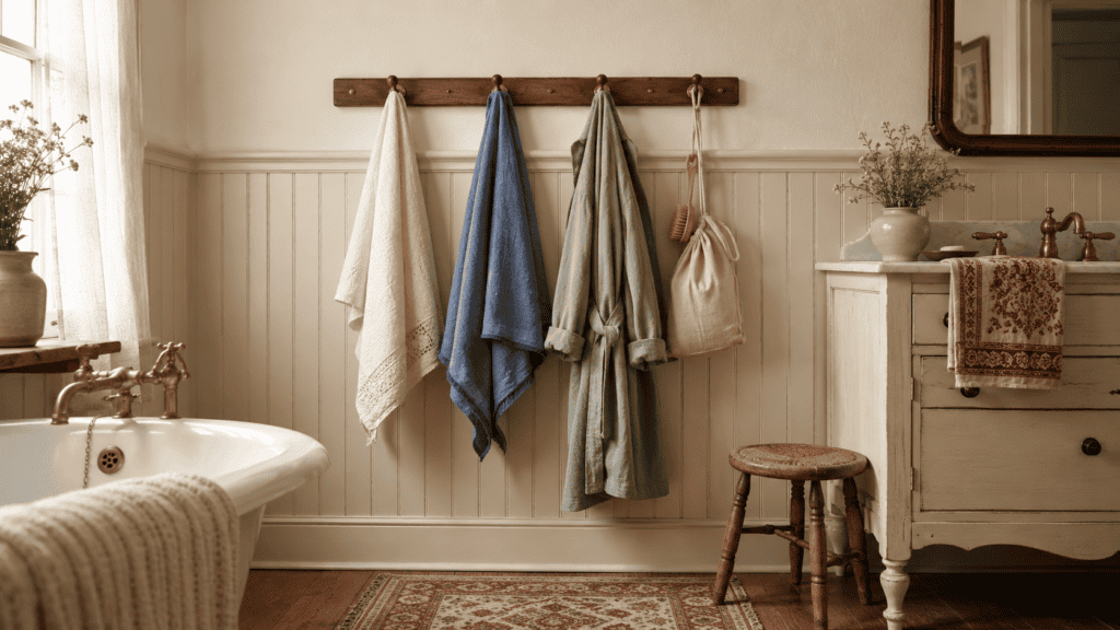 Wooden peg rail holding a cream towel, dusty-blue towel, muted-sage robe, cloth bag, and bath brush in a cottage bathroom.