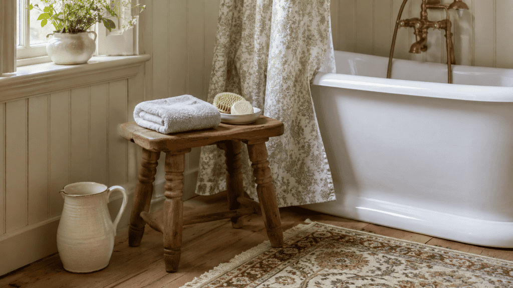 Cozy cottage bathroom storage with a small wooden stool, folded blue towel, bath brush, cream pitcher, and freestanding tub.