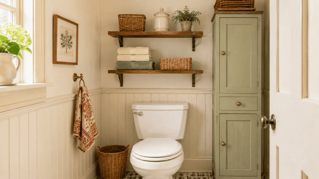 Cottage bathroom with wooden shelves above a closed toilet, folded towels, woven baskets, a ceramic canister, and a sage cabinet.