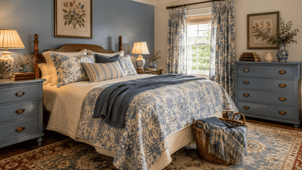 Cozy blue bedroom ideas with dusty blue walls, floral bedding, painted vintage furniture, warm wood, and a patterned cottage-style rug