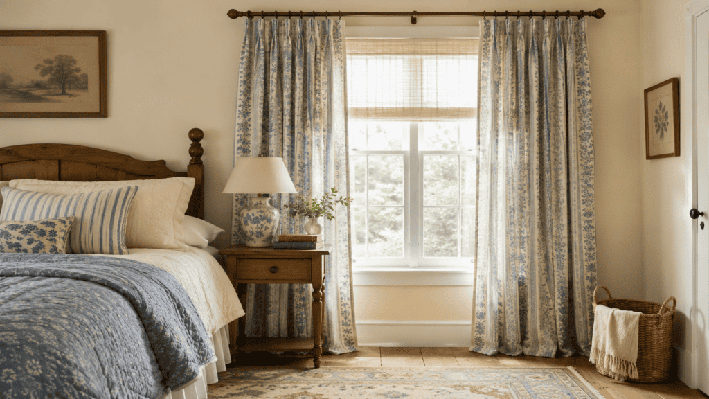 Cozy blue bedroom ideas with floor-length blue floral curtains, cream bedding, warm wood furniture, and a vintage-style rug
