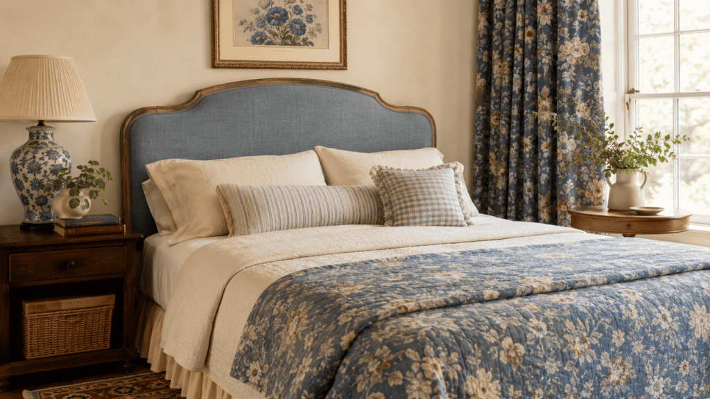 Cottage bedroom with a dusty blue upholstered headboard, cream bedding, floral quilt, striped pillow, and warm wooden bedside table