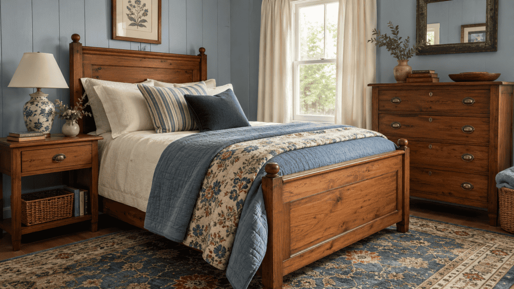 a warm wooden bed, wooden dresser, dusty blue bedding, floral textiles, and a vintage patterned rug