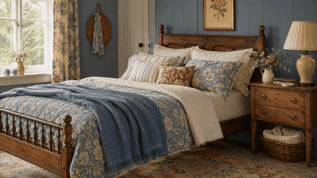 faded red pillow, buttery yellow lamp, warm wooden furniture, floral bedding, and a vintage-style rug
