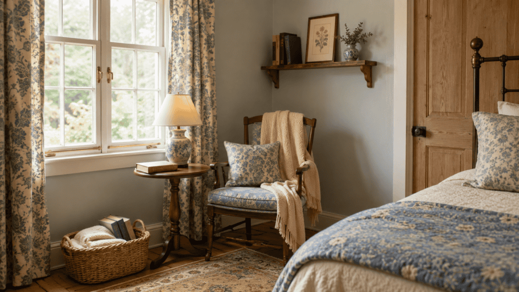 Floor-length floral curtains framing a sleeping area window beside cream bedding and a wooden bedside table