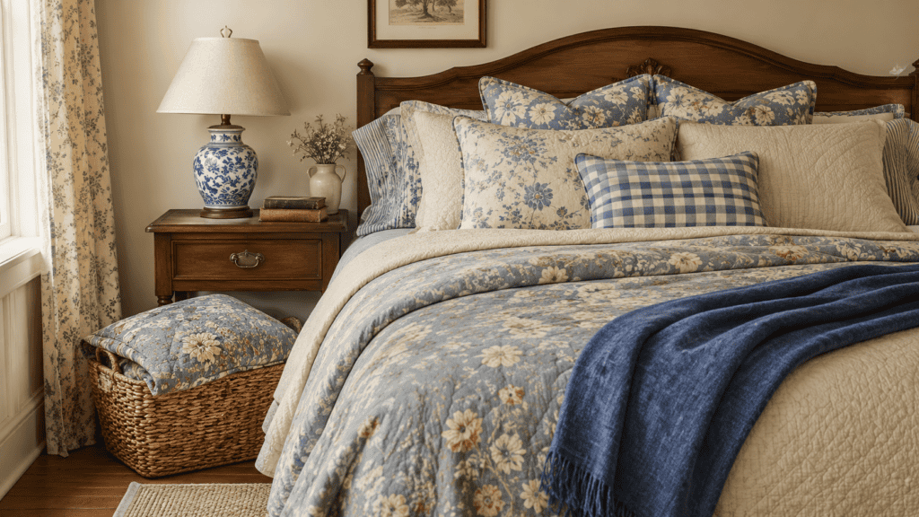 Cozy blue bedroom ideas with layered cream bedding, dusty blue floral quilts, striped pillows, and a warm wooden headboard