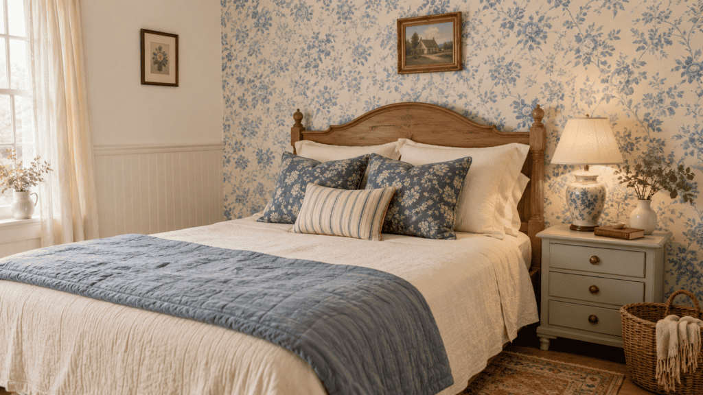 Cottage bedroom with vintage-inspired blue floral wallpaper, cream bedding, a wooden bed, and a faded blue quilt