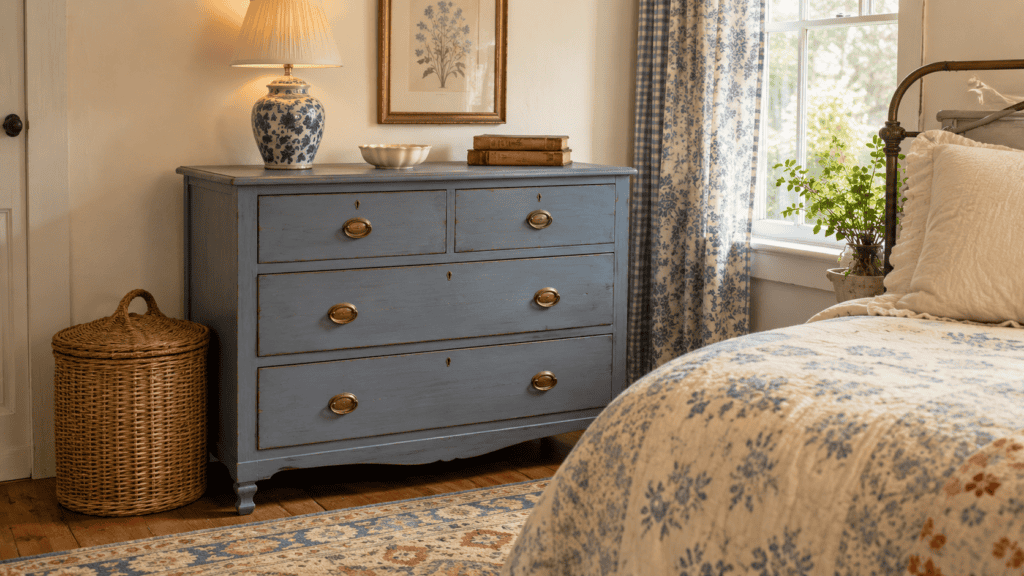 Cozy blue bedroom ideas featuring a dusty blue vintage dresser, brass hardware, floral curtains, and warm cottage details