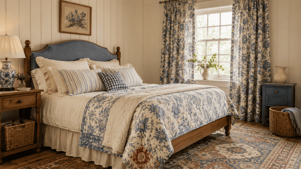 Blue and cream cottage bedroom with floral bedding, striped pillows, blue curtains, warm wood, and a patterned vintage rug