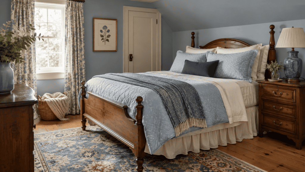Cozy blue bedroom ideas with pale dusty blue walls, layered powder blue bedding, a navy accent pillow, warm wood furniture, and a vintage-style rug