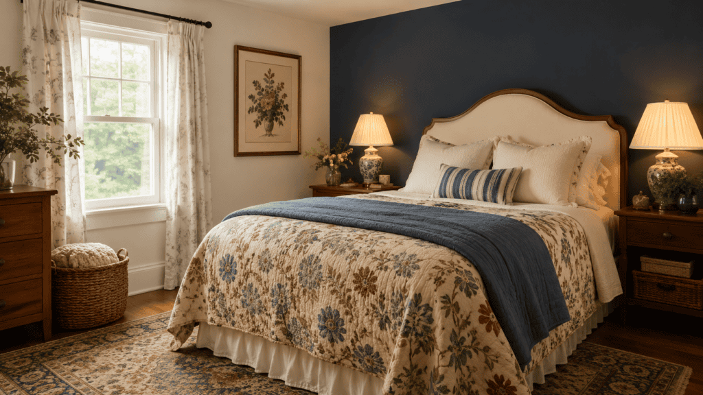 Cottage bedroom with a softened navy accent wall, cream upholstered headboard, floral quilt, denim-blue throw, and warm wooden furniture