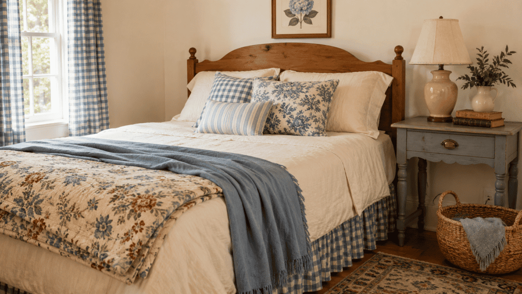 Cozy blue bedroom ideas with gingham curtains, a checked bed skirt, floral bedding, striped pillows, and a painted cottage bedside table