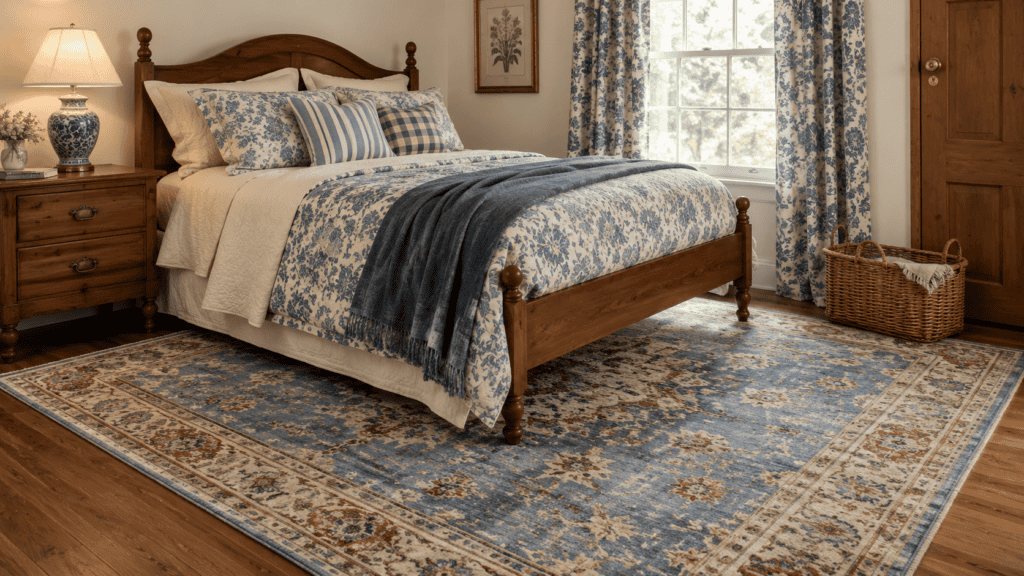 Cottage bedroom with a large vintage-style blue rug beneath a warm wooden bed, floral bedding, blue curtains, and cream walls