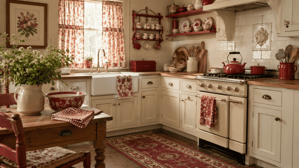 Cozy red kitchen ideas with cream cabinets, vintage dishes, floral curtains, red enamelware, warm wood, and a patterned runner