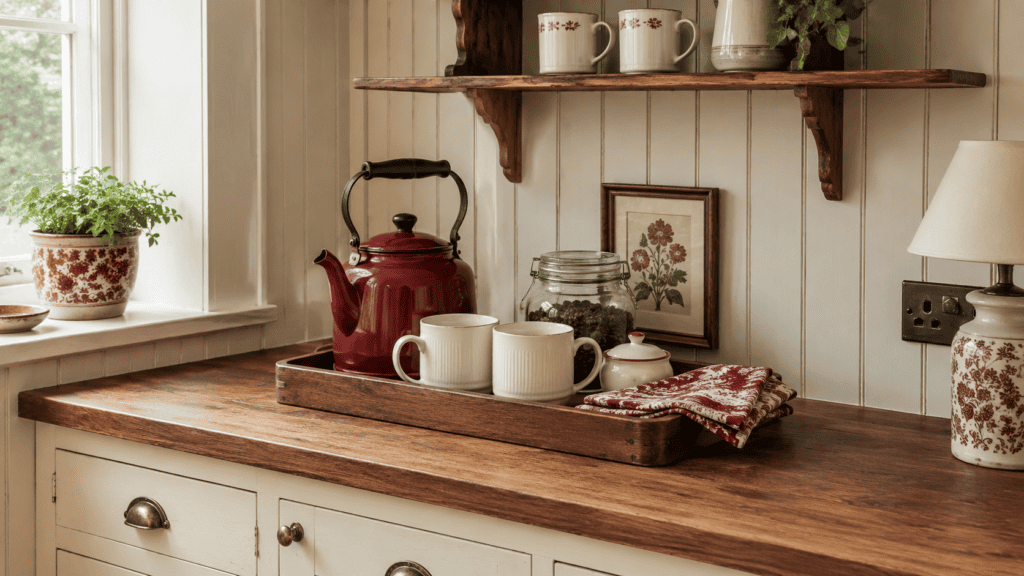 Red-and-cream coffee corner with a vintage kettle, cream mugs, glass jar, floral towel, and warm wood tray