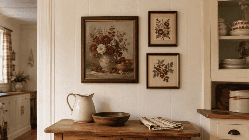 Cozy red kitchen ideas with framed floral and botanical artwork above a warm wood table