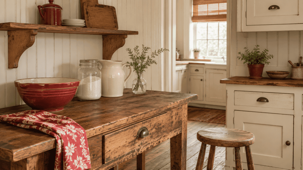 Brick-red mixing bowl and floral towel styled with warm natural wood, cream pottery, and greenery