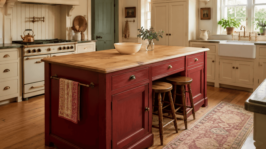 Cozy red kitchen ideas featuring a deep burgundy island with a wood countertop, brass hardware, and ooden stools