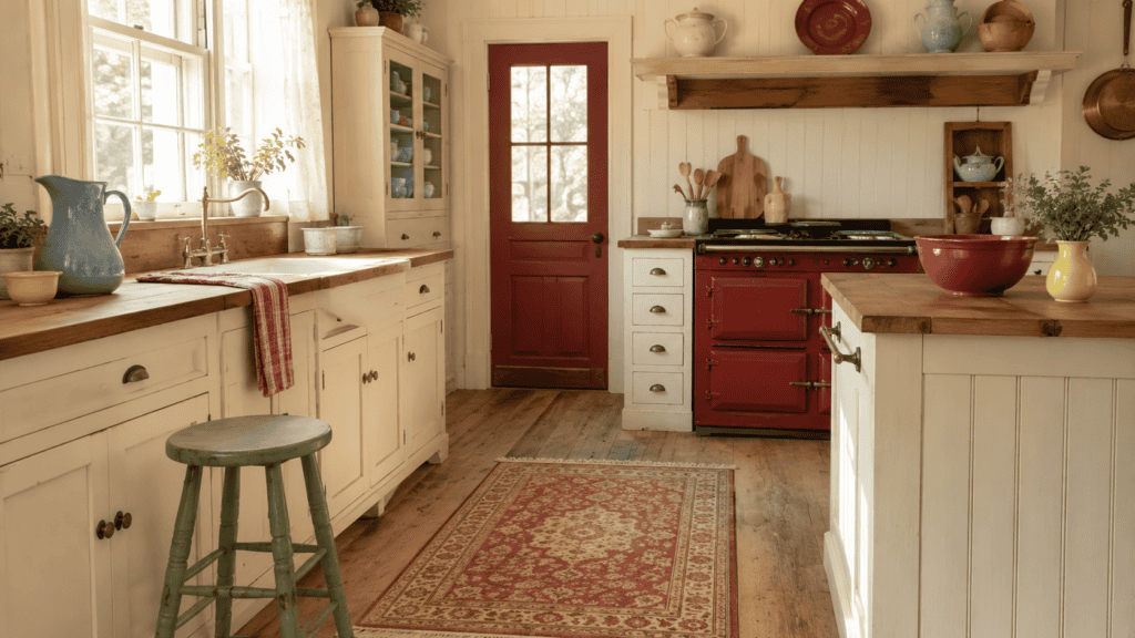 Dusty red kitchen accents mixed with muted sage, dusty blue, pale yellow, cream cabinetry, and warm wood