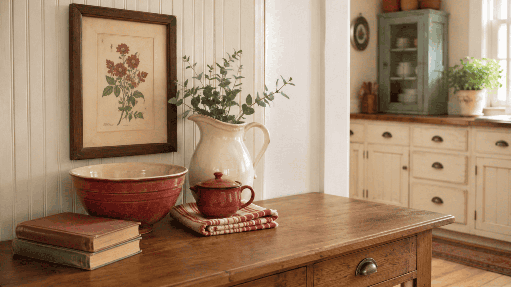 Cozy red kitchen ideas with a faded red bowl, cream pitcher, botanical print, enamelware, books, and folded textile