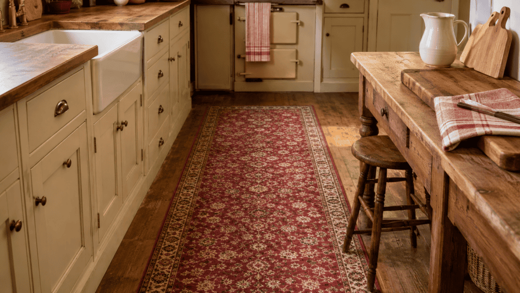 faded patterned runner between cream cabinets and a warm wooden worktable