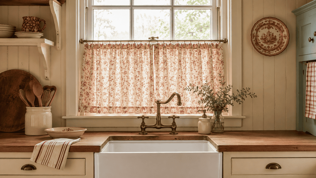 Floral café curtains above a farmhouse sink with cream cabinets, wood counters, and aged brass fixtures