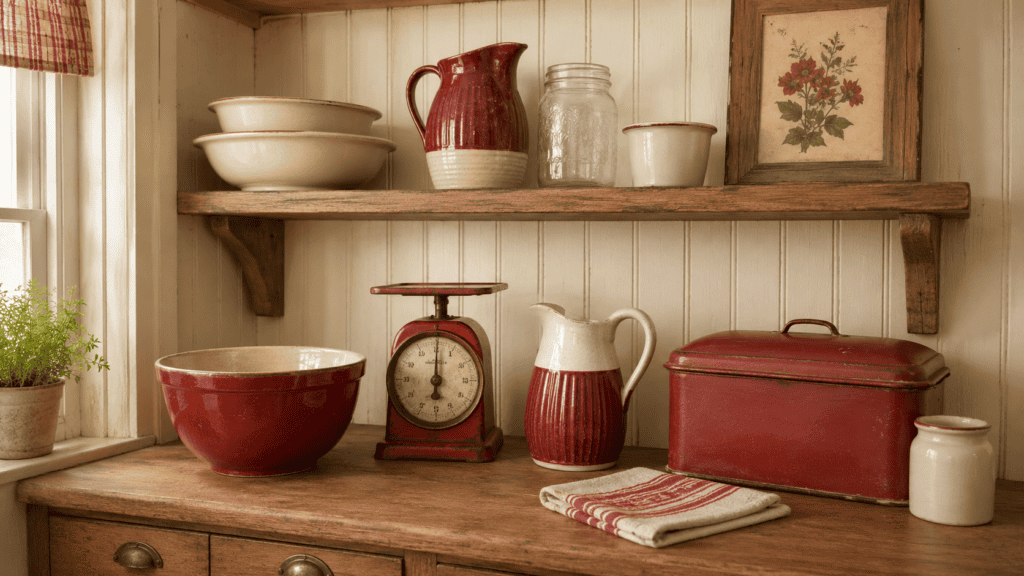 Cozy red kitchen ideas featuring a vintage scale, red mixing bowl, pitcher, bread box, and cream dishes