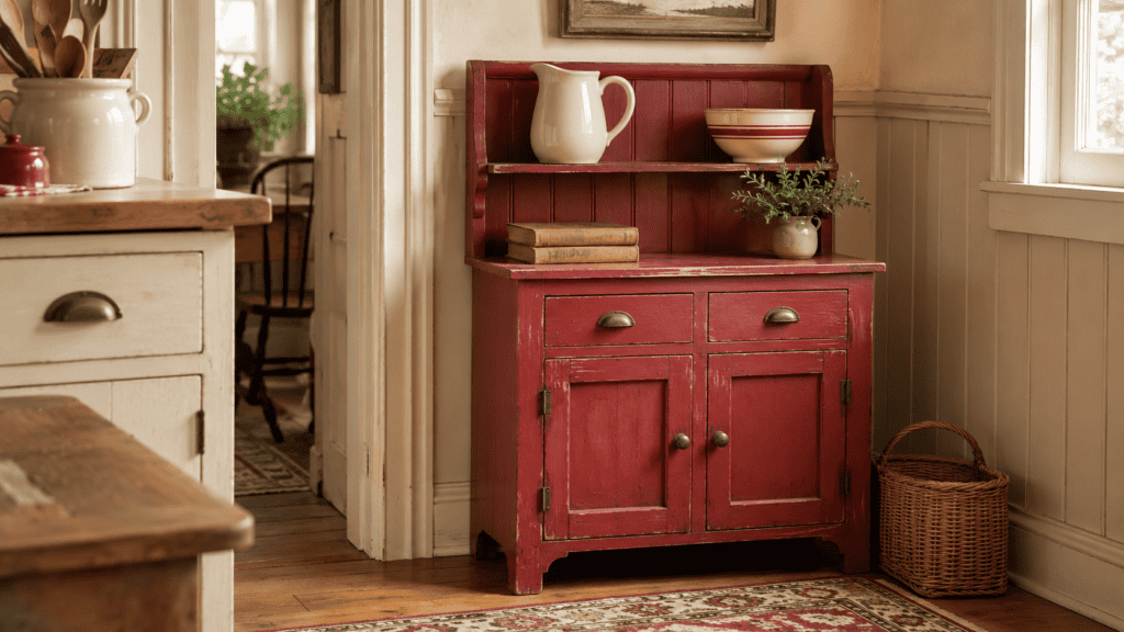Muted painted cabinet with cream pottery, old books, greenery, worn edges, and aged metal hardware pottery, old books, greenery, and aged metal hardware