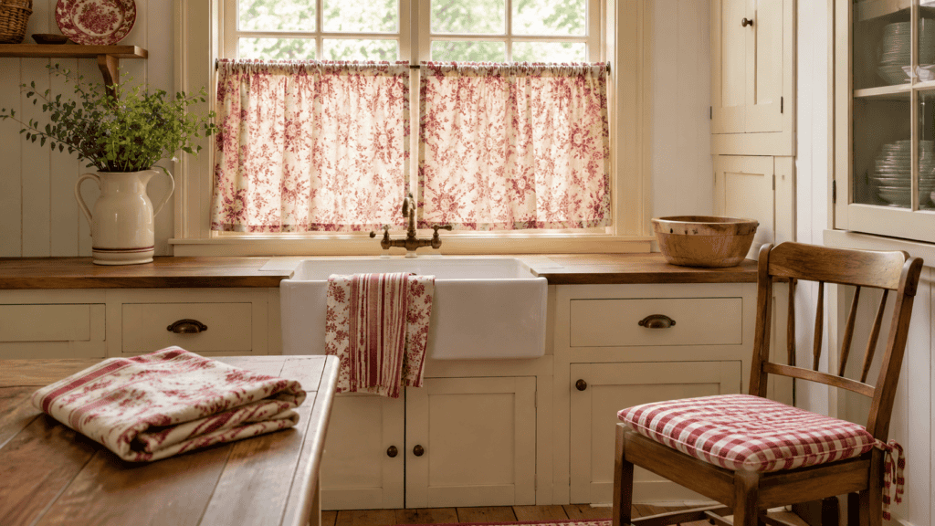 Floral café curtains, a gingham chair cushion, and patterned towels beside a farmhouse sink