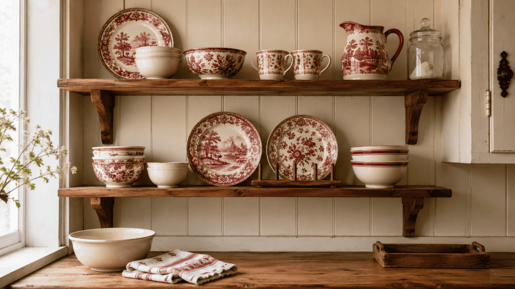 Cozy red kitchen ideas with red-and-white dishes arranged on supported warm wood open shelves