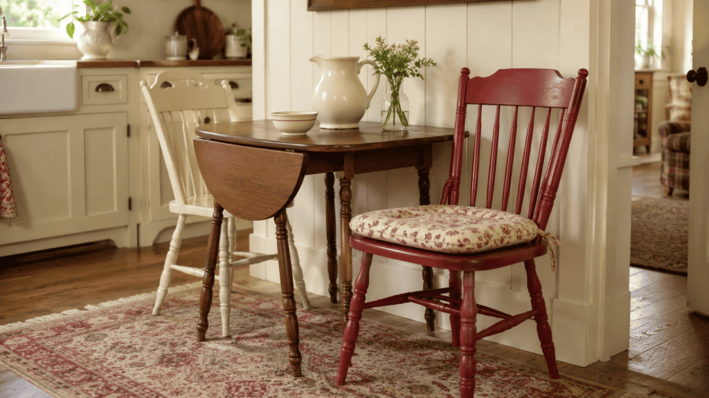 Painted wooden chair with a floral cushion beside a small breakfast table and cream farmhouse cabinetry