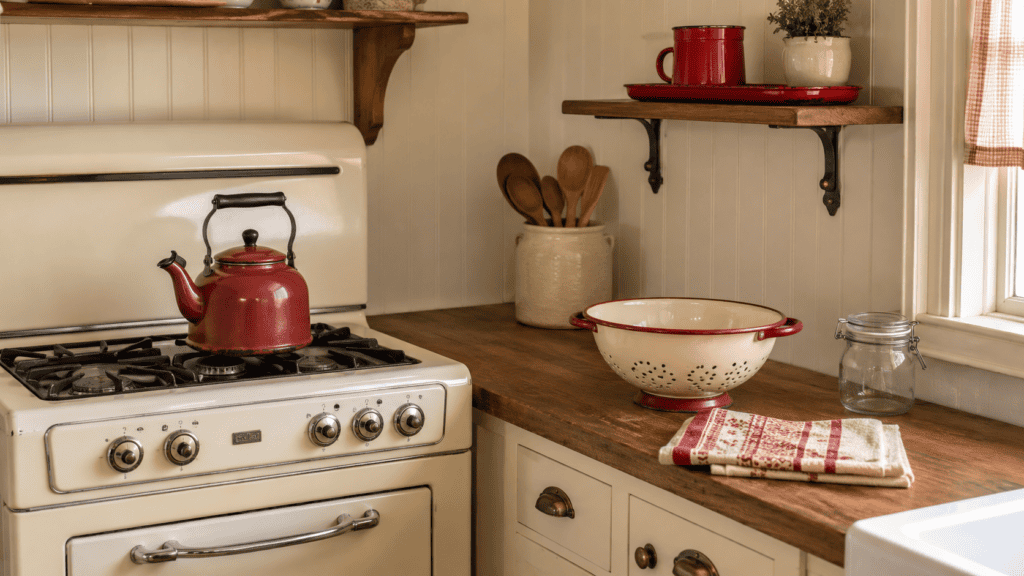 Cozy red kitchen ideas featuring a vintage kettle, red-rimmed enamel colander, and enamel mug on a supported shelf