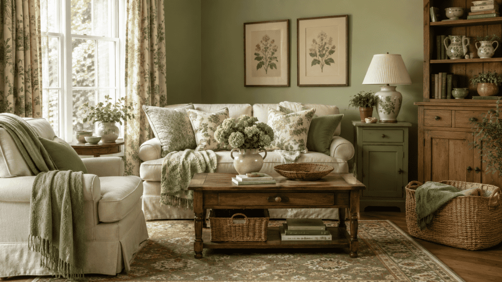 Cozy green living room ideas with sage walls, cream seating, floral pillows, warm wood furniture, and vintage cottage accents