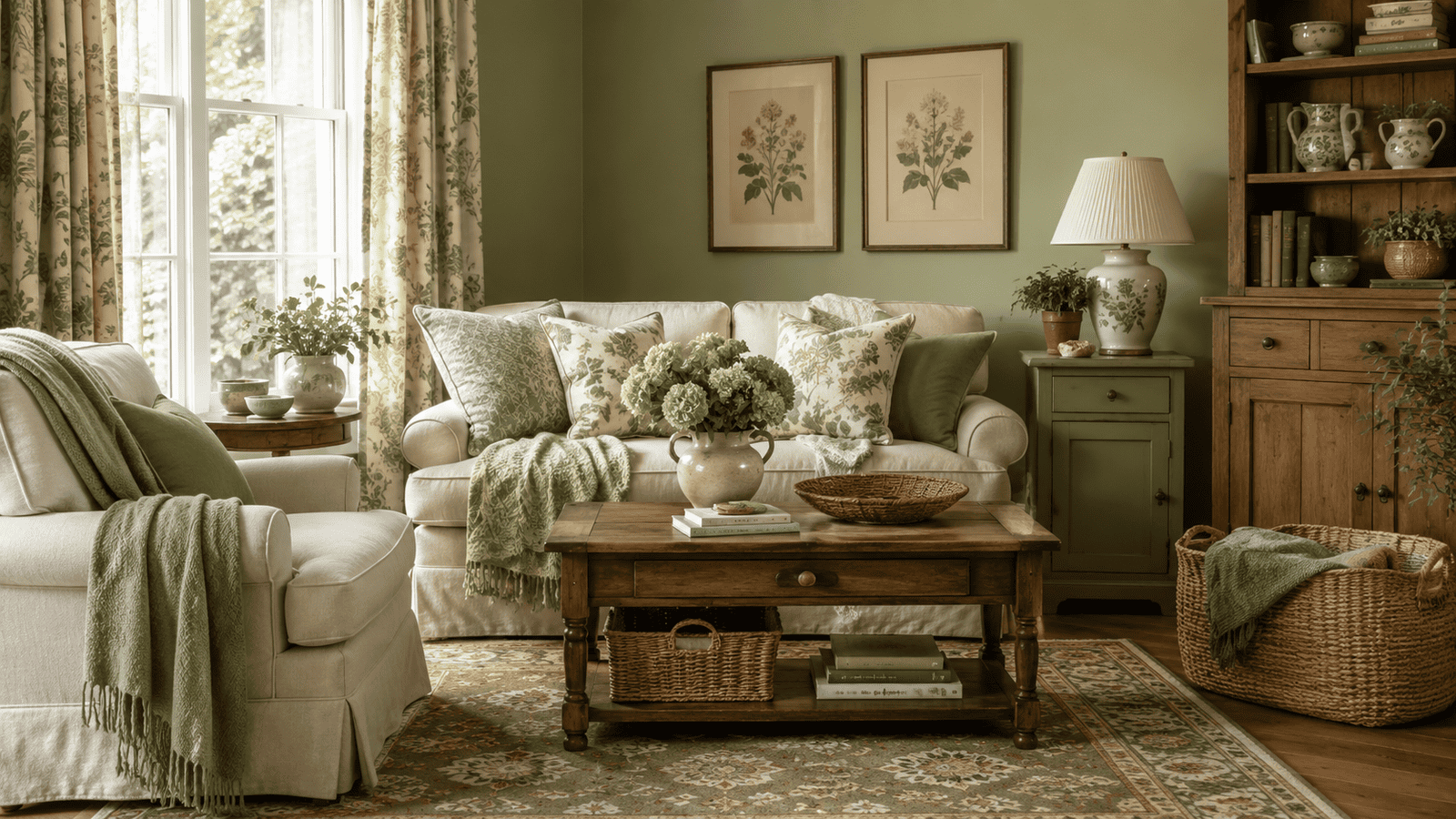 Cozy green living room ideas with sage walls, cream seating, floral pillows, warm wood furniture, and vintage cottage accents