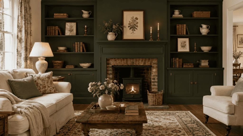 Cozy green living room ideas with forest green built-ins, cream seating, warm wood furniture, and vintage cottage decor