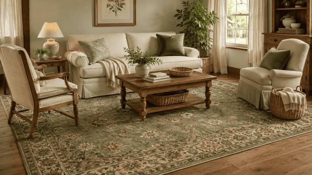 Large faded green vintage-style rug grounding a cream sofa, cottage chairs, and warm wooden furniture