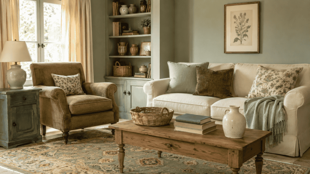 Cozy green living room ideas mixing sage walls, an olive chair, moss cushions, and a dusty blue-green cabinet