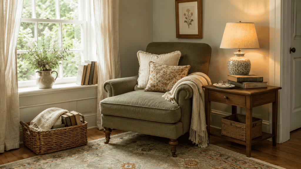 Olive green cottage reading chair beside a window with a wooden table, lamp, books, and woven blanket basket