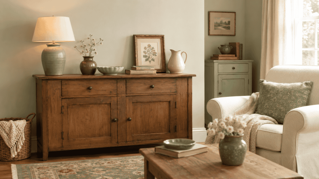 Cozy green living room ideas with sage ceramics, vintage books, a cream pitcher, and a warm wooden sideboard