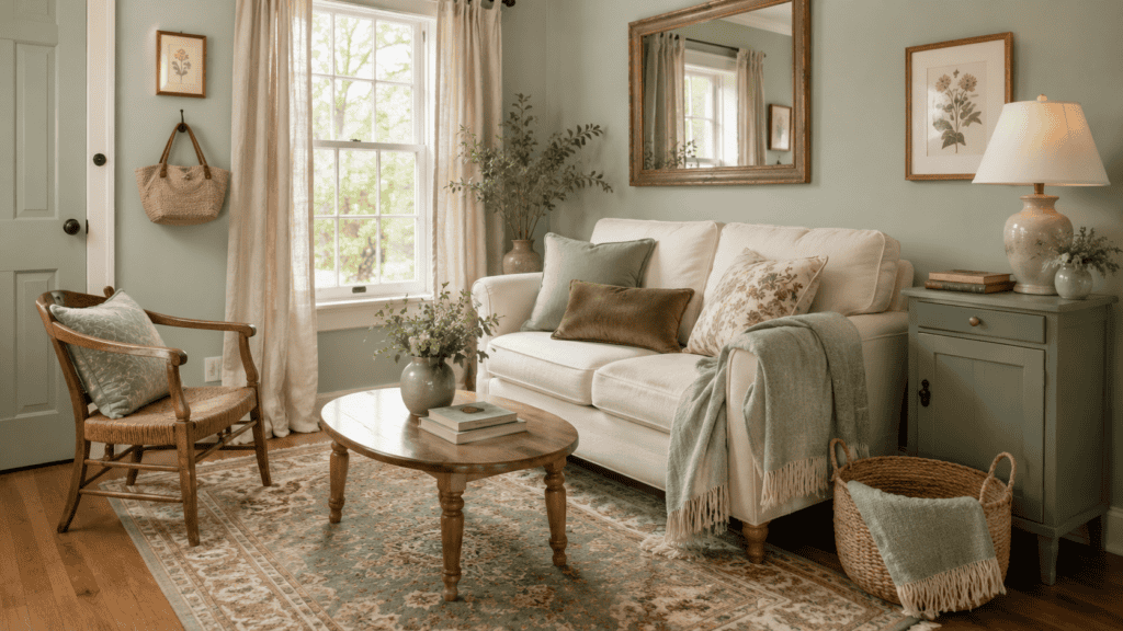 Small green living room with pale sage walls, a cream loveseat, compact wooden furniture, and natural woven textures