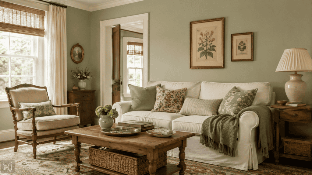 soft sage walls, cream seating, warm wood furniture, and vintage cottage details