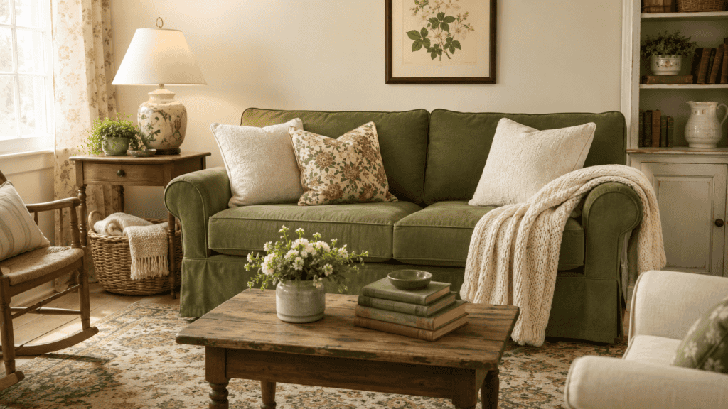 Olive green sofa styled with cream cushions, a floral pillow, a knitted throw, and warm cottage furniture