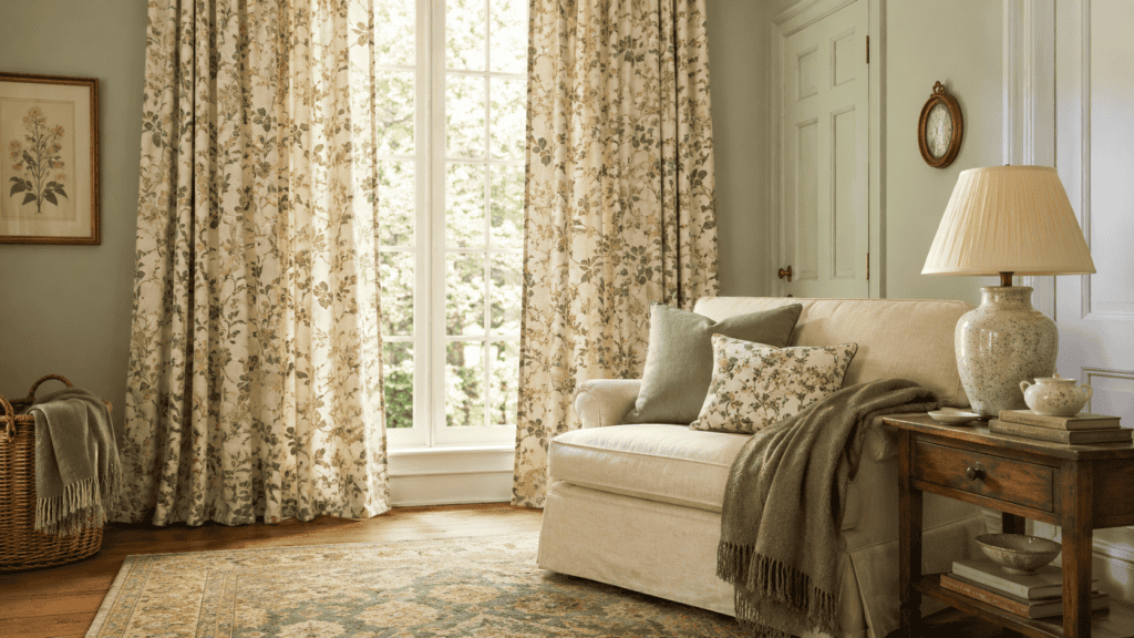 floor-length floral curtains, cream seating, an olive throw, and vintage cottage accents