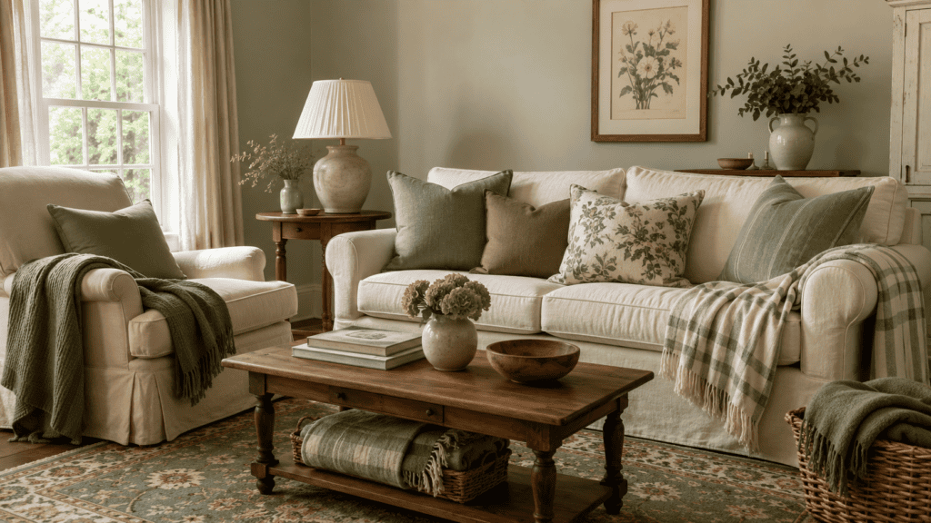 Cream cottage sofa layered with sage pillows, an olive cushion, a botanical pillow, and checked throws