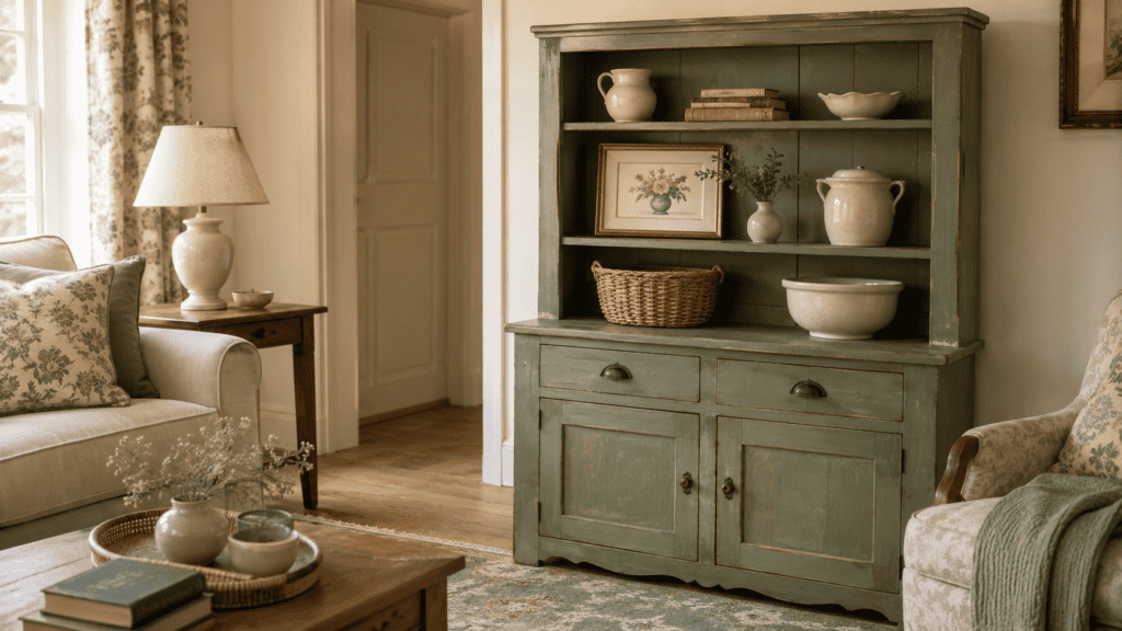 a muted sage vintage cabinet, cream ceramics, warm wood furniture, and cottage decor