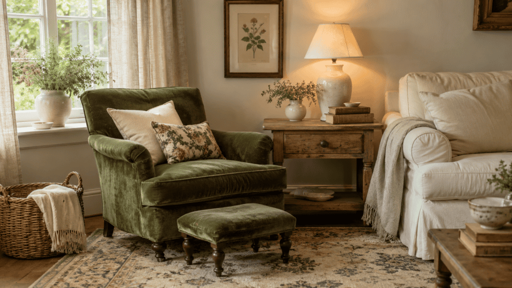 Moss green velvet armchair and footstool styled with cream cushions, a floral pillow, and warm cottage textures