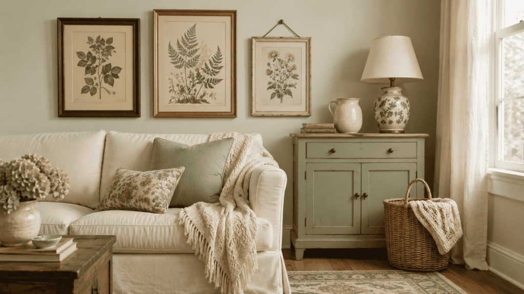 Cozy green living room ideas with vintage botanical prints, a cream sofa, a sage cabinet, and soft cottage accents