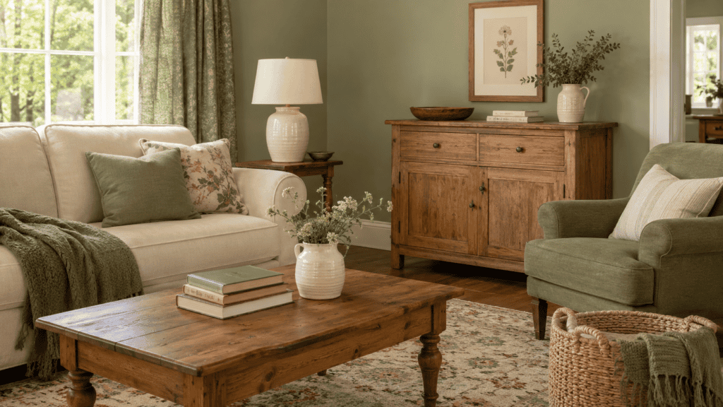 Green cottage living room with warm wood coffee table, vintage sideboard, cream sofa, and olive upholstered chair